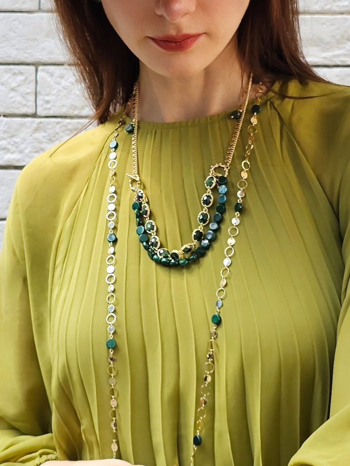 Green Gemstone With Chain Versatile Necklace PN061