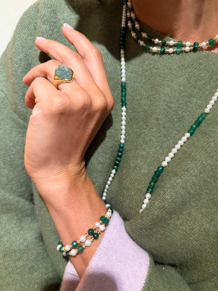 Green Gemstone With Freshwater Pearl Double Layers Bracelet SB012