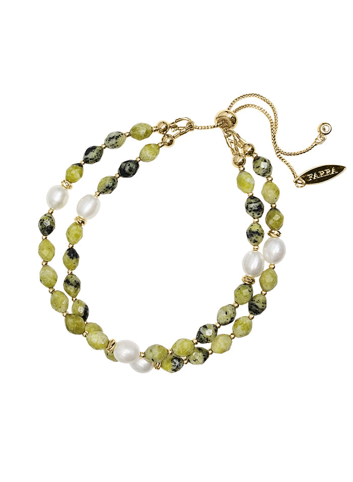 Green Gemstone With White Pearls Double Layers Slider Bracelet RB008