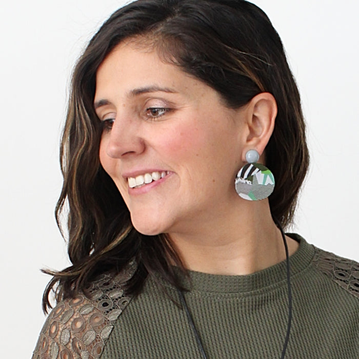 Green and Grey Decoupage Earrings - Sylca Designs - Chunky Jewelry