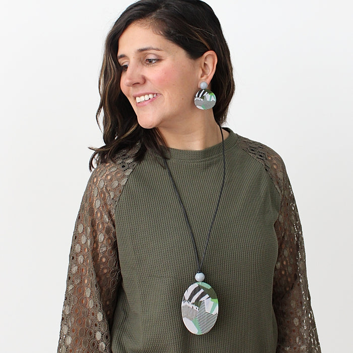 Green and Grey Scenic Decoupage Necklace - Sylca Designs - Chunky Jewelry