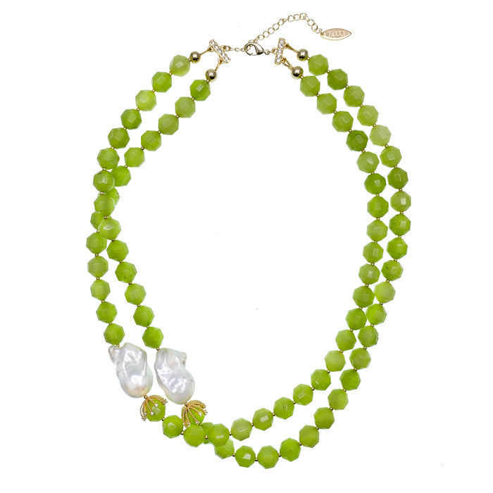 Green Jade With Baroque Pearl Double Strands Necklace HN014 - FARRA