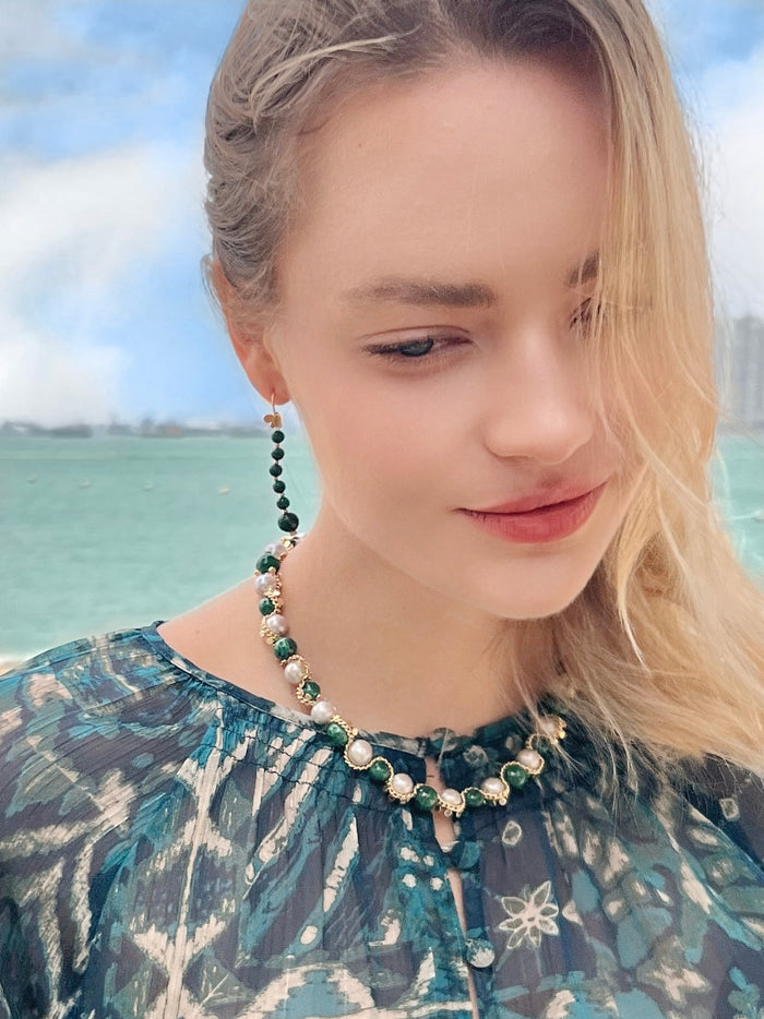 Green Malachite with Gray Freshwater Pearls Statement Necklace LN041 - FARRA