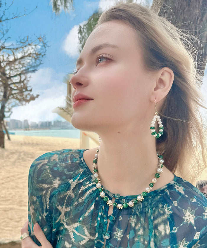 Green Malachite with Gray Freshwater Pearls Statement Necklace LN041 - FARRA