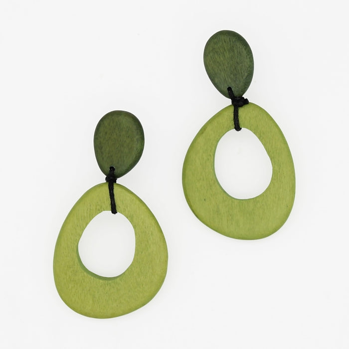 Green lightweight wood statement earrings shown on model