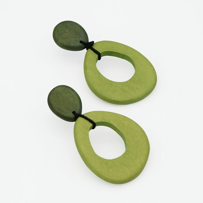 Green lightweight wood statement earrings front view