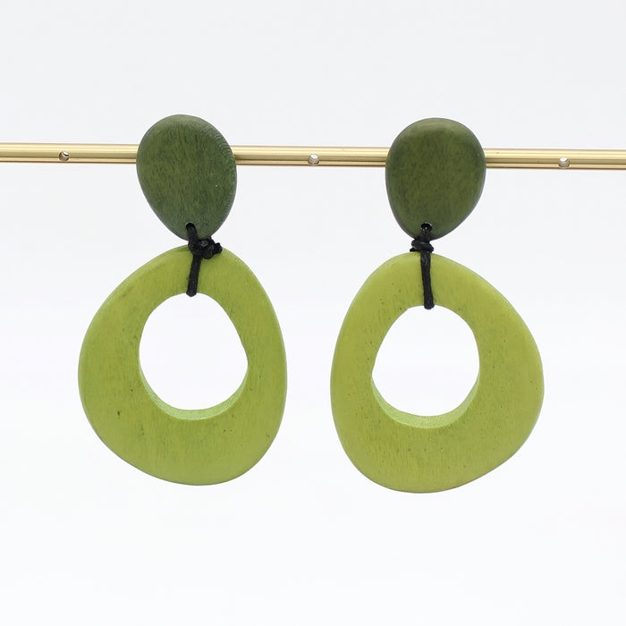 Green lightweight wood statement earrings angled detail