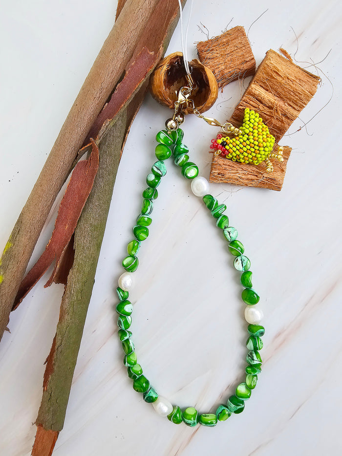 Green Shell With Beaded Chicken Phone Strap PC065