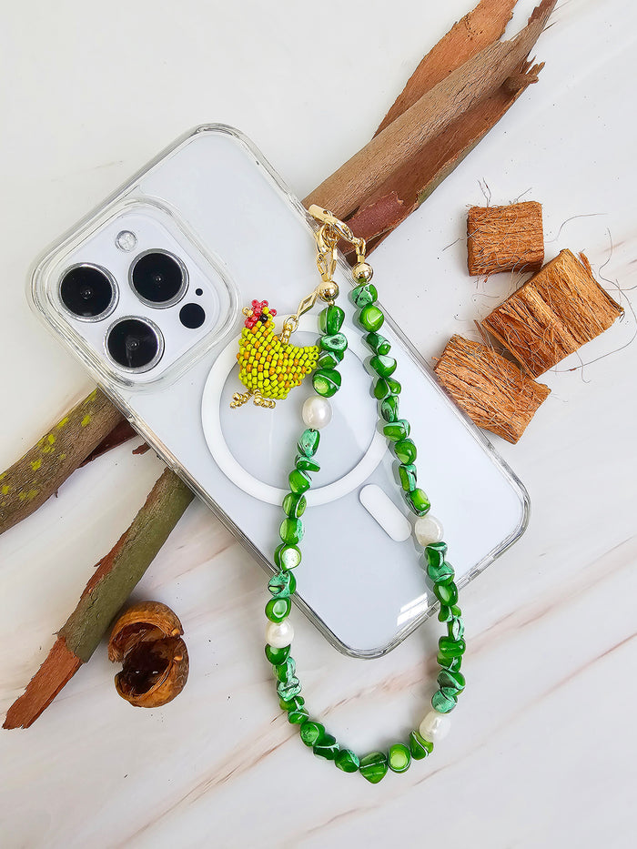 Green Shell With Beaded Chicken Phone Strap PC065