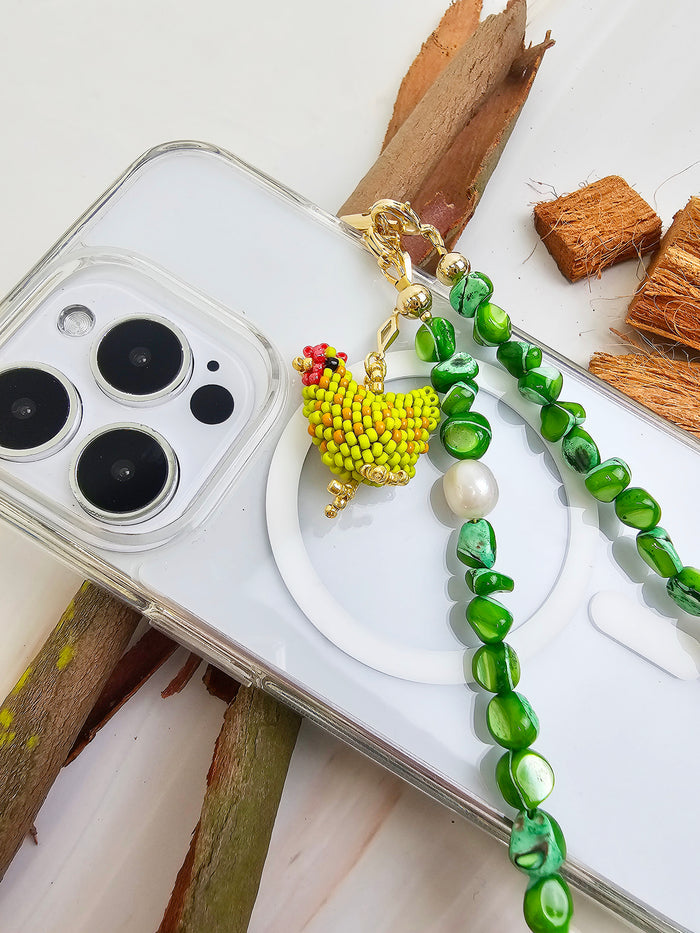 Green Shell With Beaded Chicken Phone Strap PC065