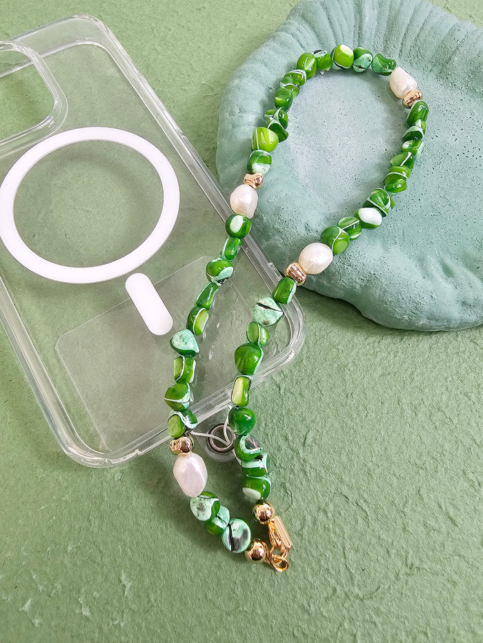 Green Shell With Freshwater Pearls Phone Strap PC011