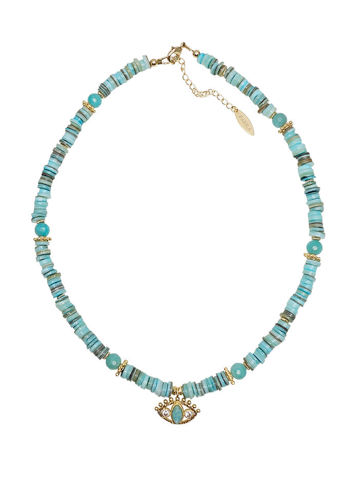 Green Shell With Turkish Evil Eye Pendant Necklace RN003