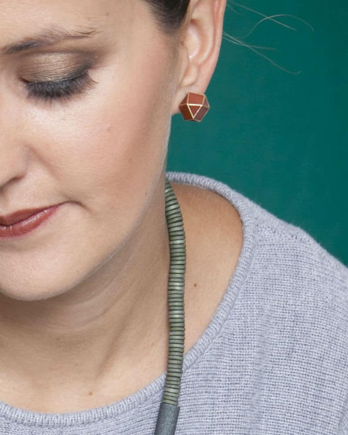 Handcrafted Burgundy Geometric Wooden Post Earrings - Sylca Designs - Chunky Jewelry