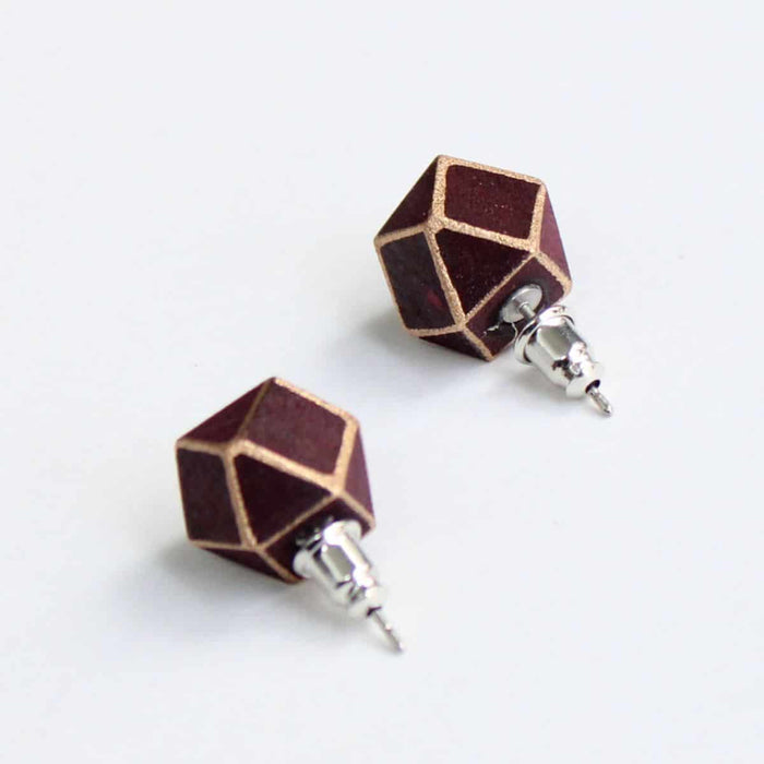 Handcrafted Burgundy Geometric Wooden Post Earrings - Sylca Designs - Chunky Jewelry