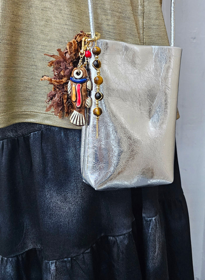 Handcrafted Ceramic Fish With Tiger eye Stone & Tassel Bag Charm