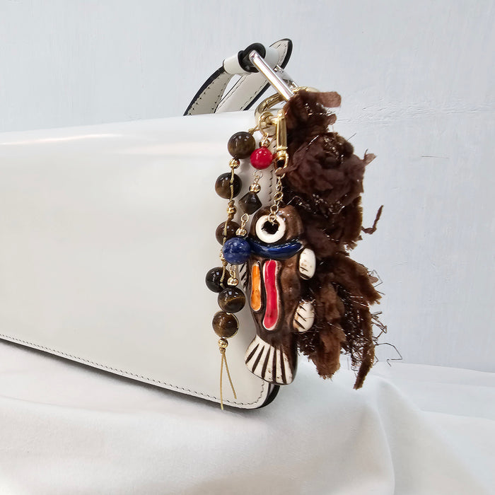 Handcrafted Ceramic Fish With Tiger eye Stone & Tassel Bag Charm