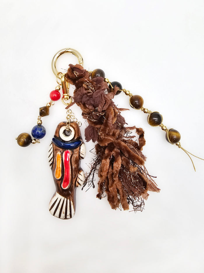 Handcrafted Ceramic Fish With Tiger eye Stone & Tassel Bag Charm