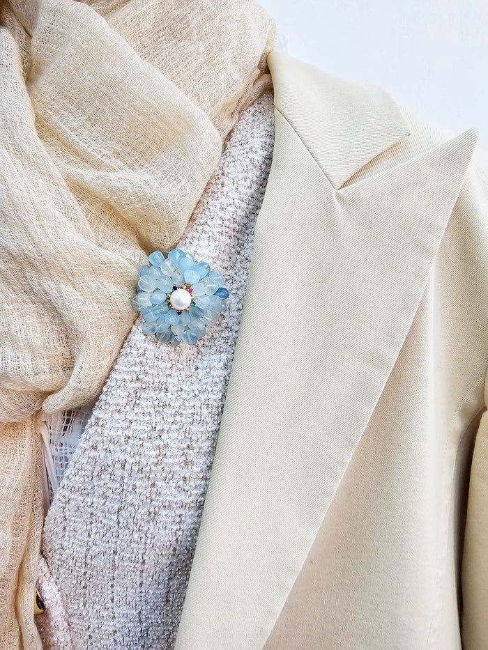 Handcrafted Flower Shape Natural Aquamarine Brooch LP003