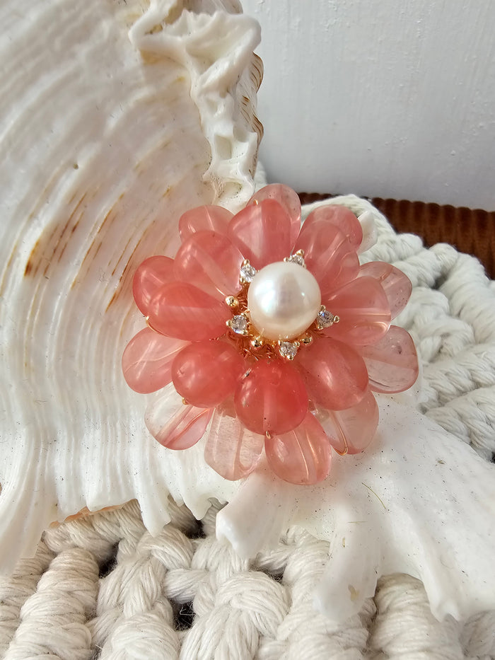 Handcrafted Flower Shaped Watermelon Quartz Brooch