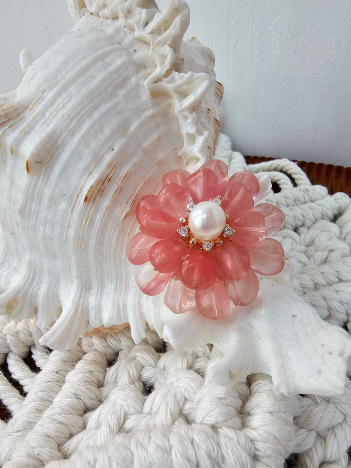 Handcrafted Flower Shaped Watermelon Quartz Brooch