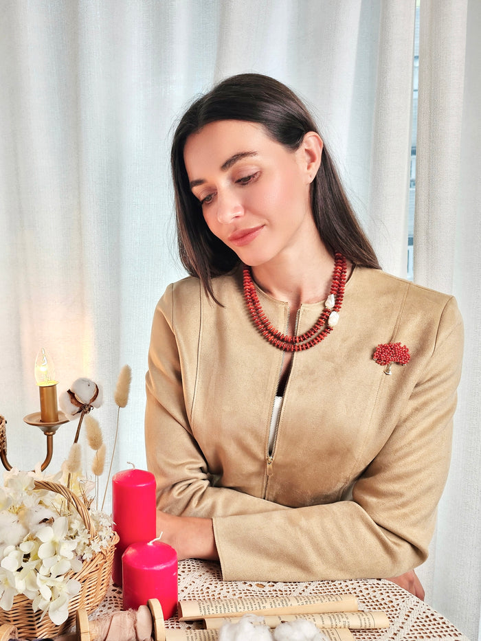 Handcrafted Red Bamboo Coral Tree Brooch