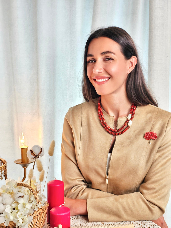 Handcrafted Red Bamboo Coral Tree Brooch