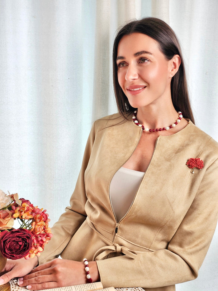 Handcrafted Red Bamboo Coral Tree Brooch