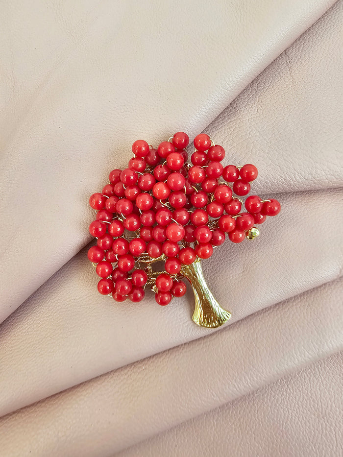 Handcrafted Red Bamboo Coral Tree Brooch