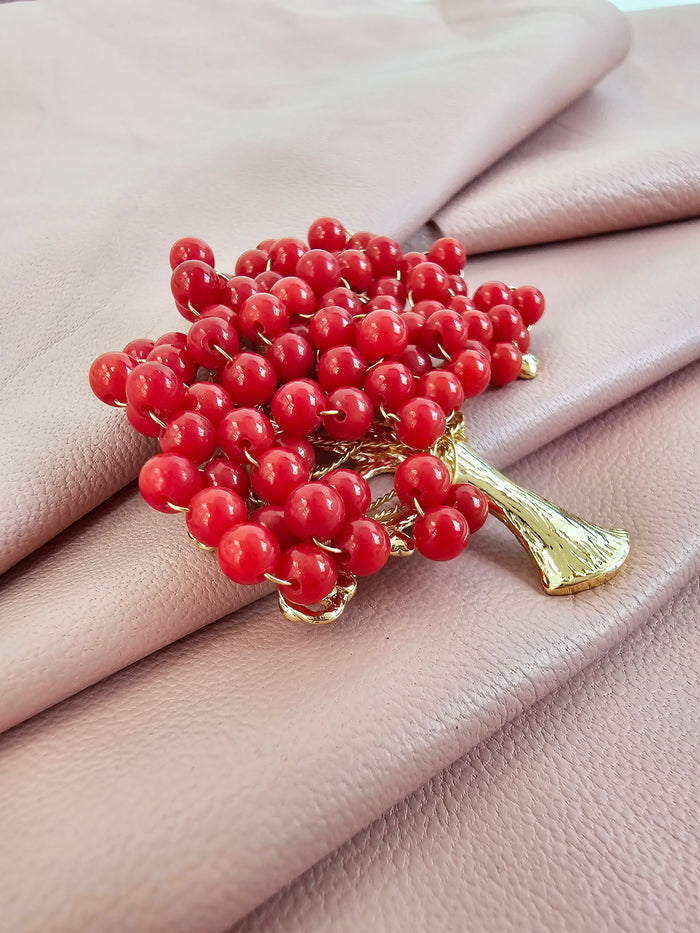 Handcrafted Red Bamboo Coral Tree Brooch