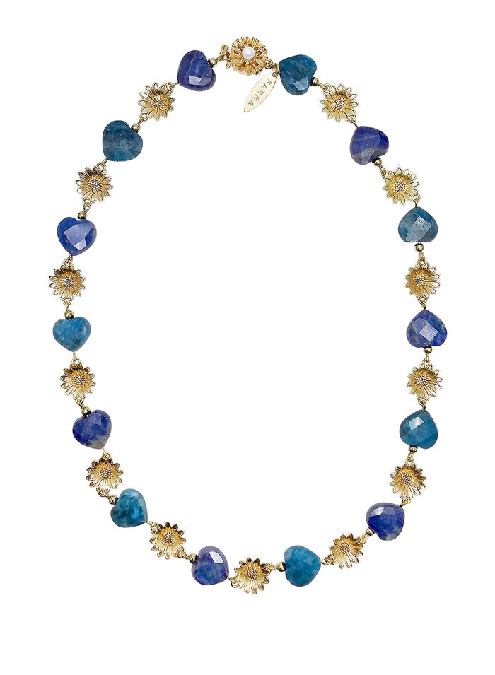 Heart Blue Gemstone With Flower Charms Statement Necklace PN034
