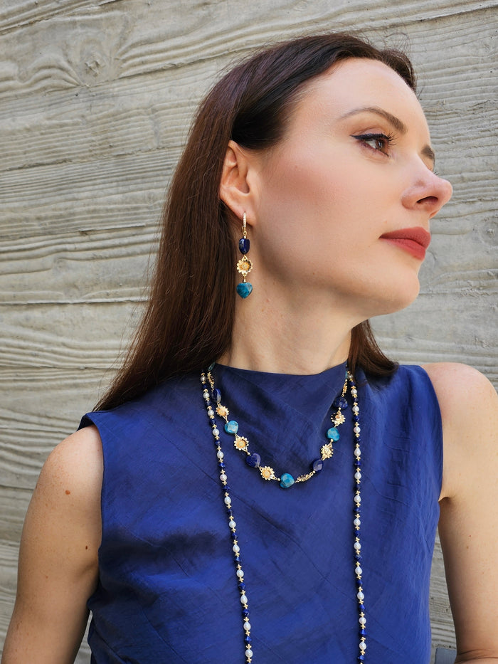 Heart Blue Gemstone With Flower Charms Statement Necklace PN034