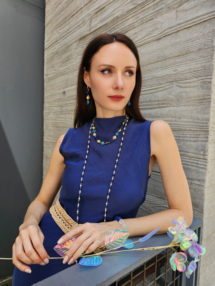 Heart Blue Gemstone With Flower Charms Statement Necklace PN034