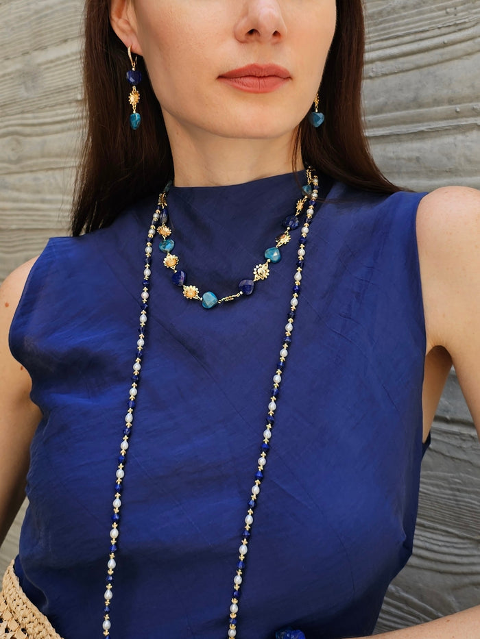 Heart Blue Gemstone With Flower Charms Statement Necklace PN034