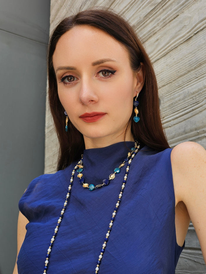 Heart Blue Gemstone With Flower Charms Statement Necklace PN034