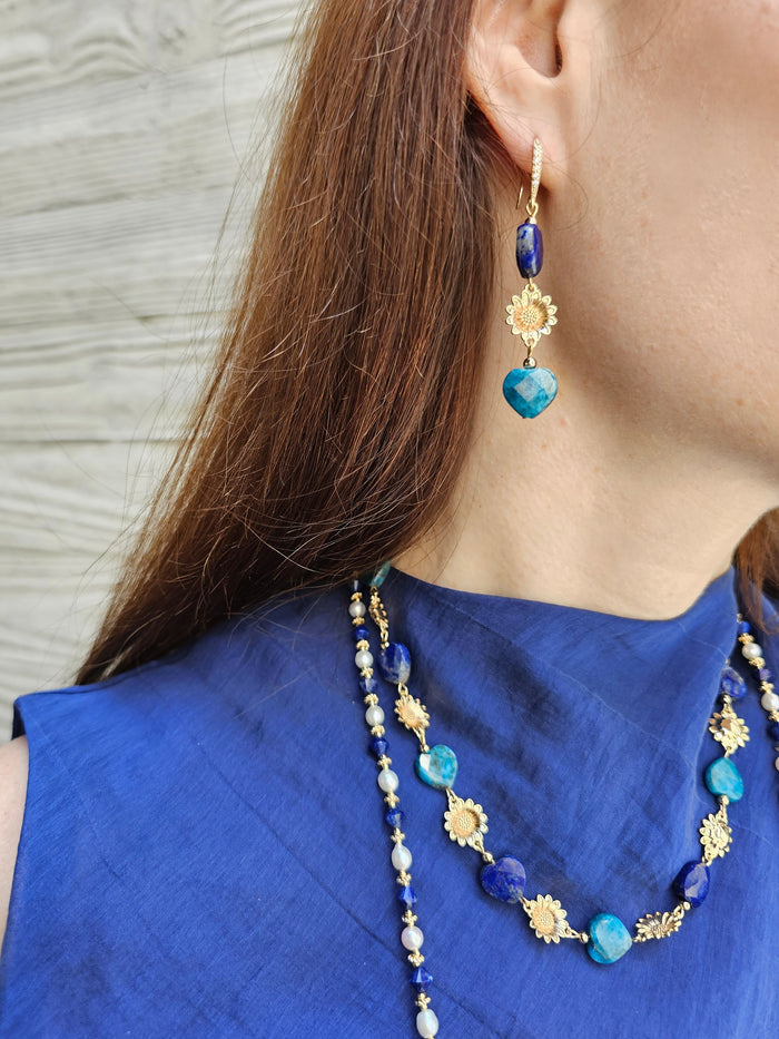 Heart Blue Gemstone With Flower Charms Statement Necklace PN034