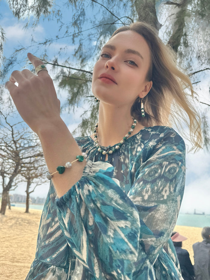 Heart Green Malachite with Gray Freshwater Pearls Bracelet LB013 - FARRA