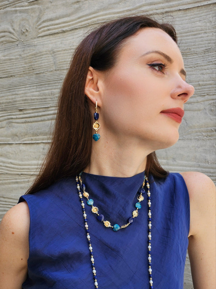Heart-Shaped Lapis and Apatite Flower Dangle Earrings PE025