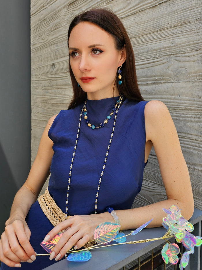 Heart-Shaped Lapis and Apatite Flower Dangle Earrings PE025