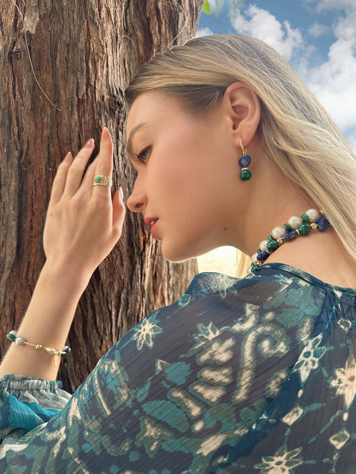 Heart-Shaped Lapis with Round Malachite Earrings LE032 - FARRA