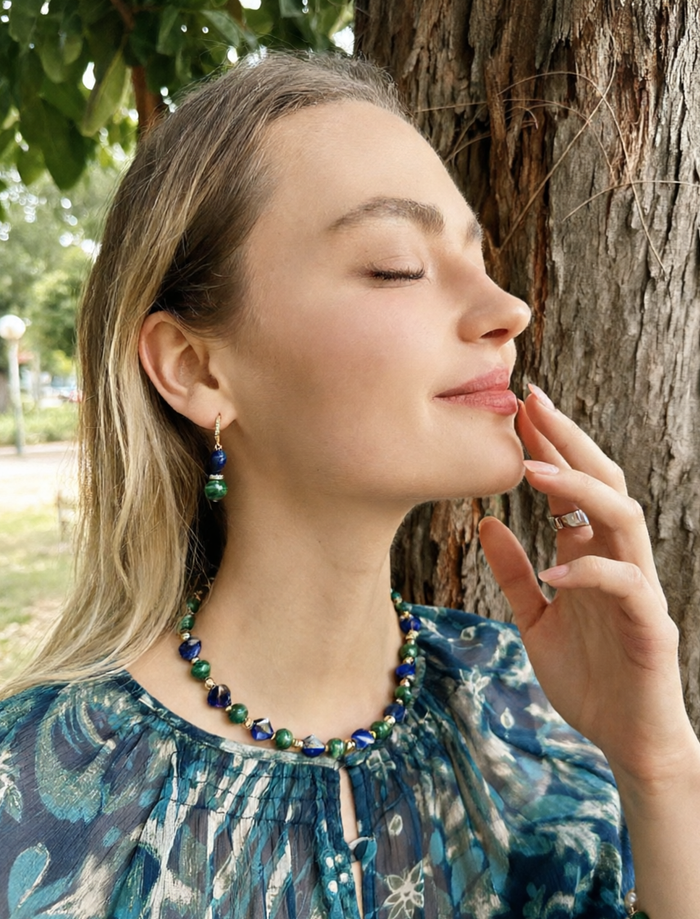 Heart-Shaped Lapis with Round Malachite Statement Necklace LN048