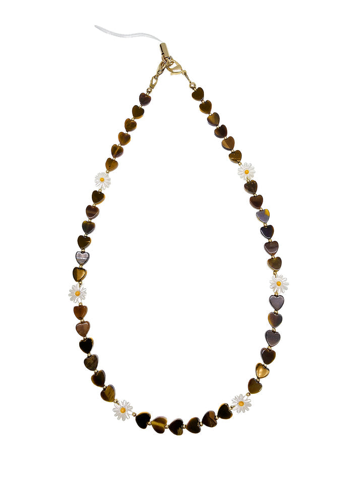 Heart Shaped Tiger-eye With Flower Shell Phone Strap PC072