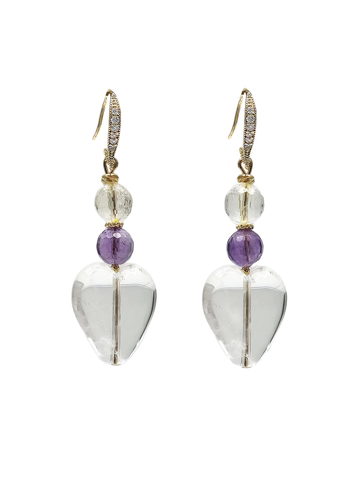 Heart Shaped White Quartz With Amethyst Earrings QE014