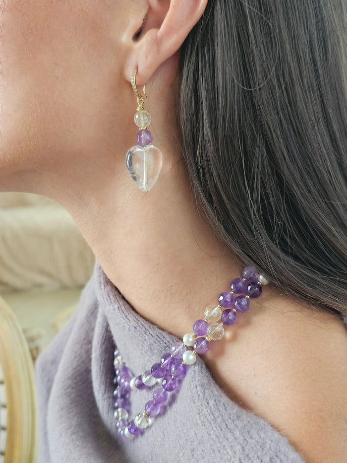 Heart Shaped White Quartz With Amethyst Earrings QE014