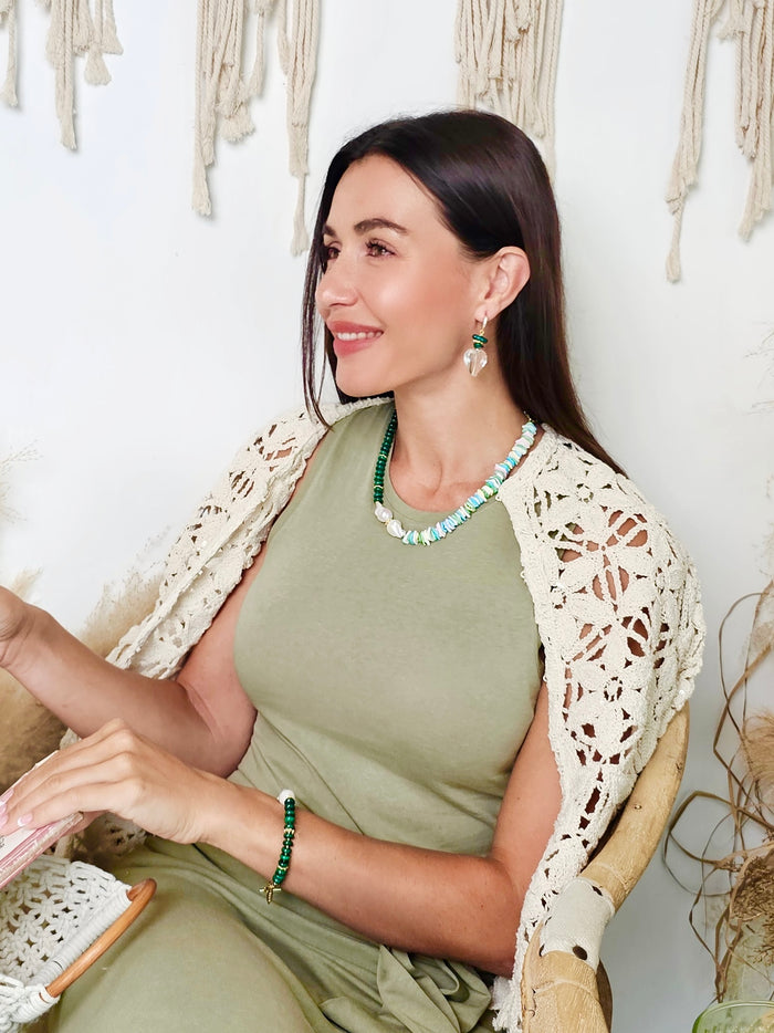 Heart Shaped White Quartz With Green Bamboo Coral Earrings QE011