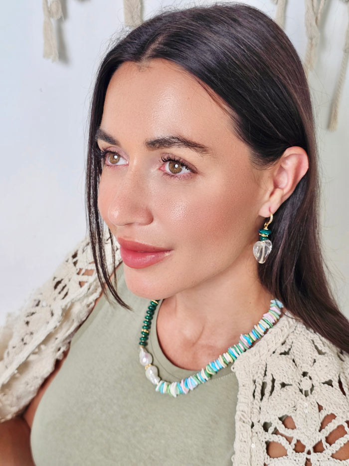 Heart Shaped White Quartz With Green Bamboo Coral Earrings QE011