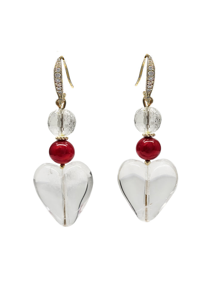 Heart White Quartz With Red Bamboo Coral Earrings QE021