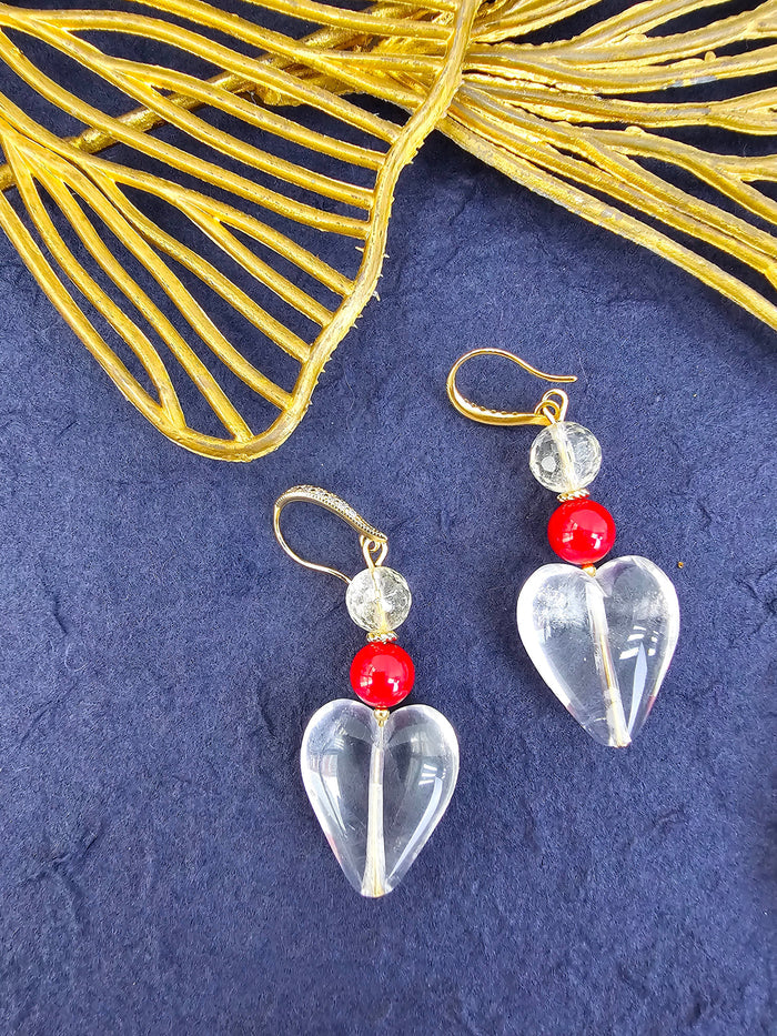 Heart White Quartz With Red Bamboo Coral Earrings QE021