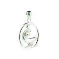 A sterling silver pendant featuring a humpback whale design with a freshwater pearl at the center, attached to a loop for a chain.