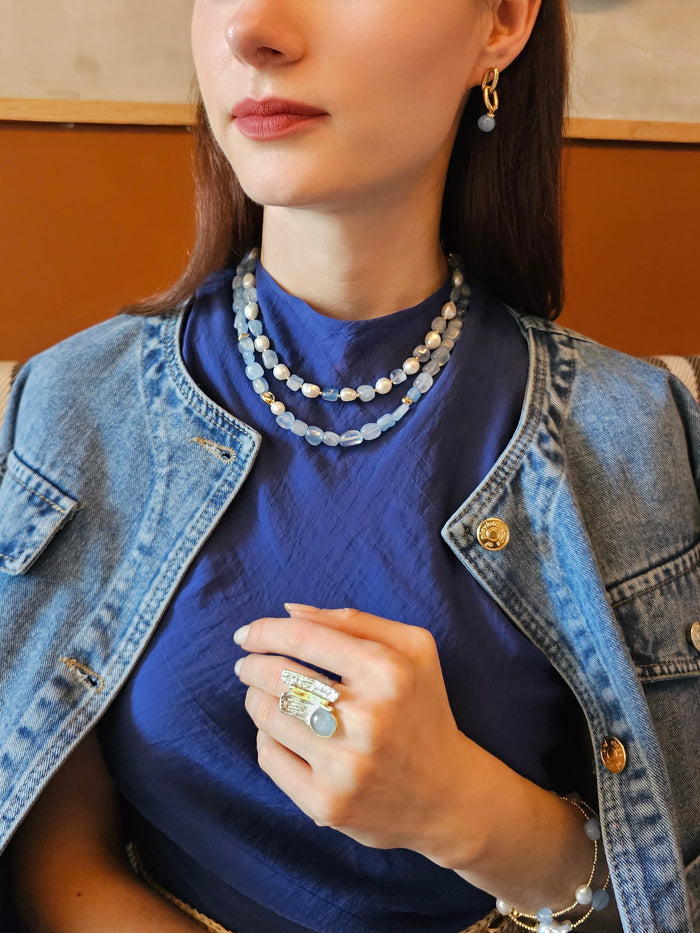 Irregular Freshwater Pearls With Aquamarine Short Necklace(PN024)
