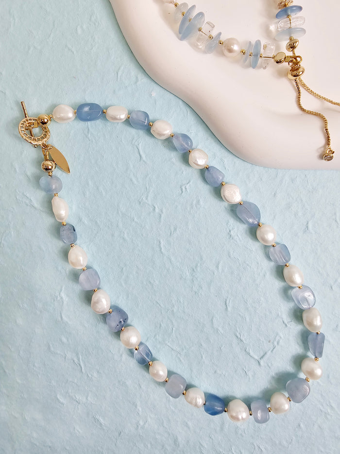 Irregular Freshwater Pearls With Aquamarine Short Necklace(PN024)